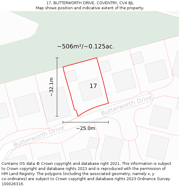 17, BUTTERWORTH DRIVE, COVENTRY, CV4 8JL: Plot and title map