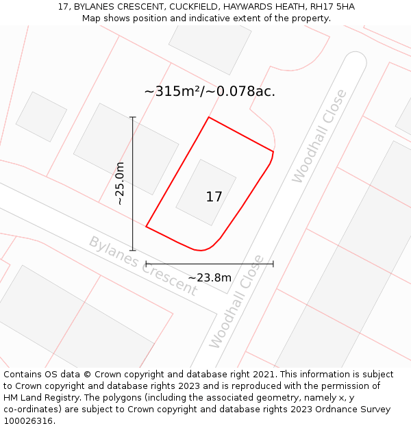17, BYLANES CRESCENT, CUCKFIELD, HAYWARDS HEATH, RH17 5HA: Plot and title map