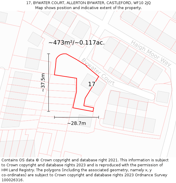 17, BYWATER COURT, ALLERTON BYWATER, CASTLEFORD, WF10 2JQ: Plot and title map