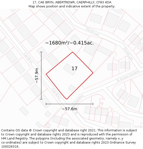 17, CAE BRYN, ABERTRIDWR, CAERPHILLY, CF83 4DA: Plot and title map