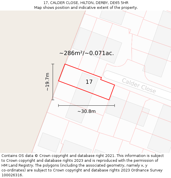 17, CALDER CLOSE, HILTON, DERBY, DE65 5HR: Plot and title map