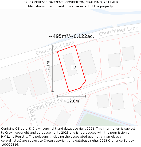17, CAMBRIDGE GARDENS, GOSBERTON, SPALDING, PE11 4HP: Plot and title map