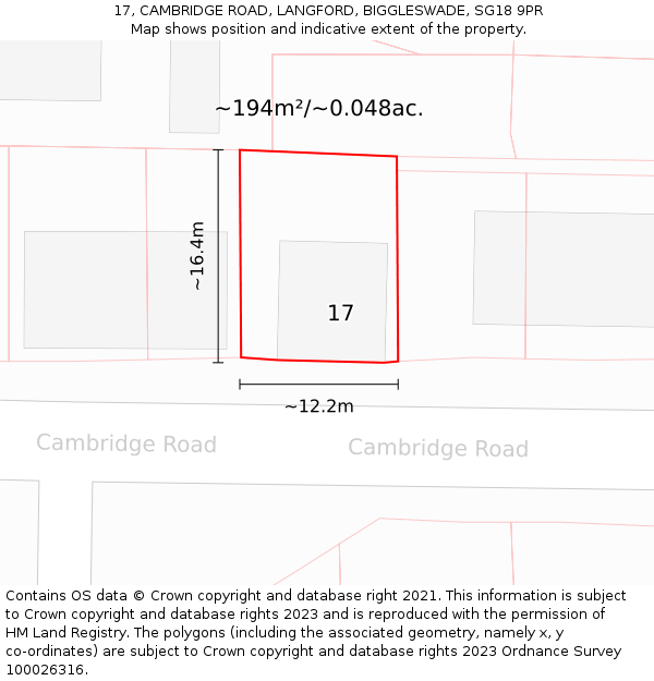 17, CAMBRIDGE ROAD, LANGFORD, BIGGLESWADE, SG18 9PR: Plot and title map