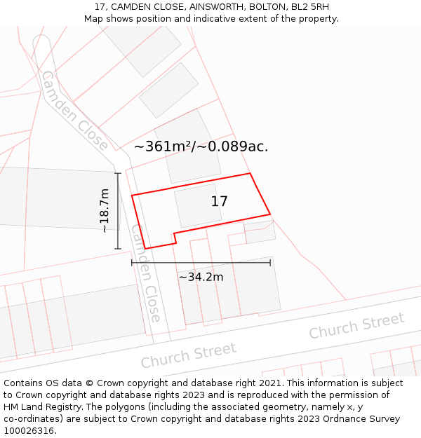 17, CAMDEN CLOSE, AINSWORTH, BOLTON, BL2 5RH: Plot and title map