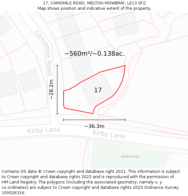17, CAMOMILE ROAD, MELTON MOWBRAY, LE13 0FZ: Plot and title map
