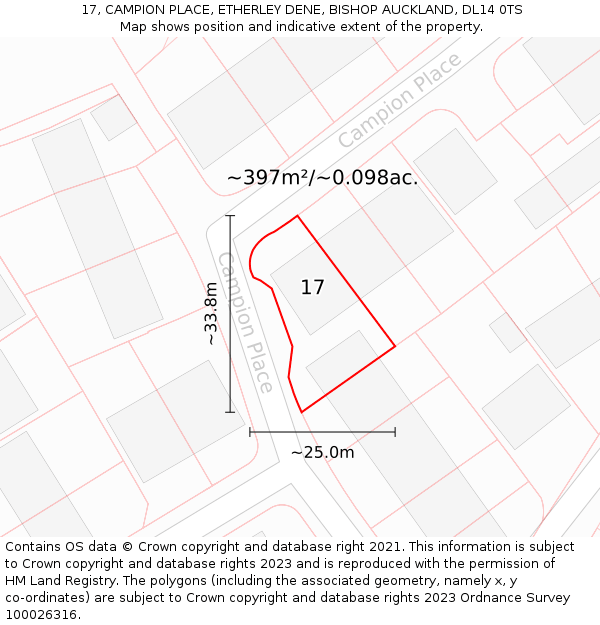 17, CAMPION PLACE, ETHERLEY DENE, BISHOP AUCKLAND, DL14 0TS: Plot and title map