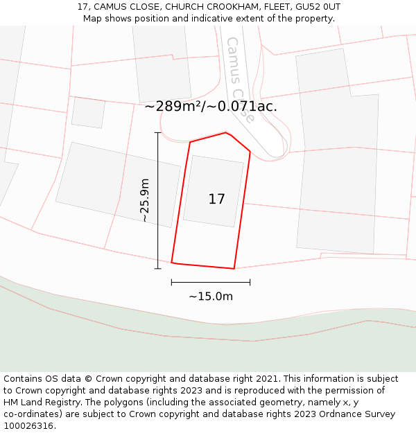 17, CAMUS CLOSE, CHURCH CROOKHAM, FLEET, GU52 0UT: Plot and title map