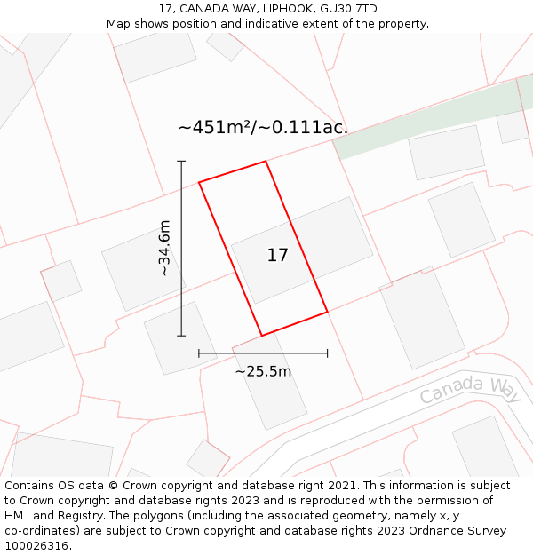 17, CANADA WAY, LIPHOOK, GU30 7TD: Plot and title map