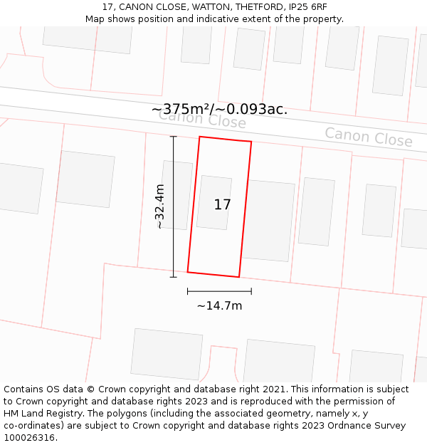 17, CANON CLOSE, WATTON, THETFORD, IP25 6RF: Plot and title map
