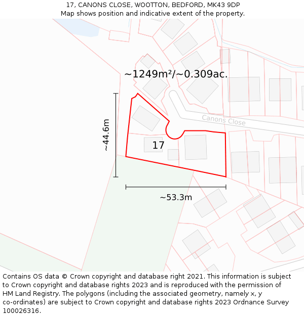 17, CANONS CLOSE, WOOTTON, BEDFORD, MK43 9DP: Plot and title map