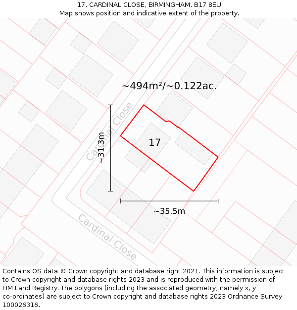 17, CARDINAL CLOSE, BIRMINGHAM, B17 8EU: Plot and title map