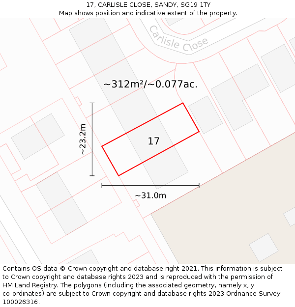 17, CARLISLE CLOSE, SANDY, SG19 1TY: Plot and title map