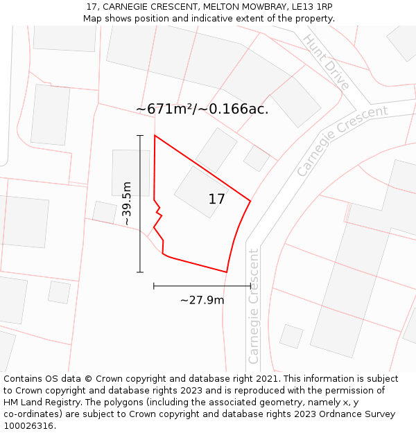 17, CARNEGIE CRESCENT, MELTON MOWBRAY, LE13 1RP: Plot and title map