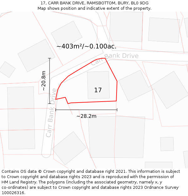 17, CARR BANK DRIVE, RAMSBOTTOM, BURY, BL0 9DG: Plot and title map