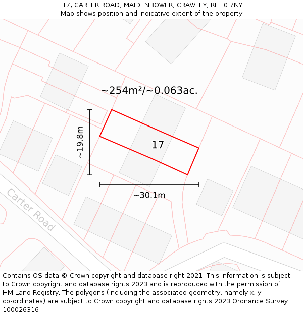 17, CARTER ROAD, MAIDENBOWER, CRAWLEY, RH10 7NY: Plot and title map