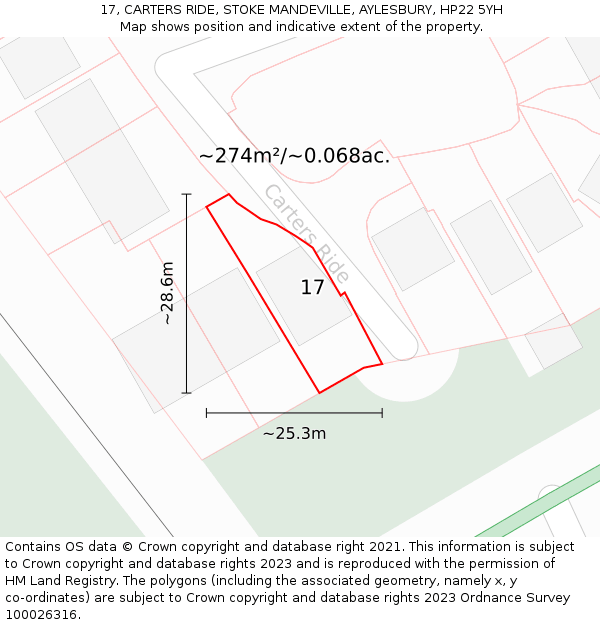 17, CARTERS RIDE, STOKE MANDEVILLE, AYLESBURY, HP22 5YH: Plot and title map