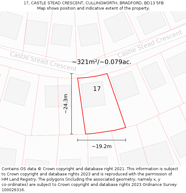 17, CASTLE STEAD CRESCENT, CULLINGWORTH, BRADFORD, BD13 5FB: Plot and title map
