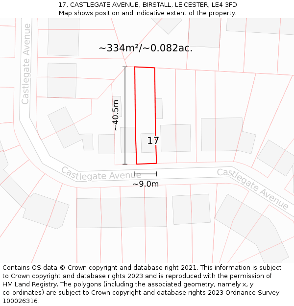 17, CASTLEGATE AVENUE, BIRSTALL, LEICESTER, LE4 3FD: Plot and title map