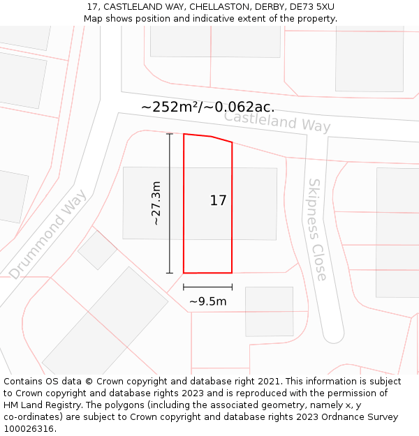 17, CASTLELAND WAY, CHELLASTON, DERBY, DE73 5XU: Plot and title map