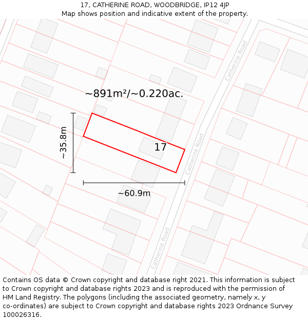 17, CATHERINE ROAD, WOODBRIDGE, IP12 4JP: Plot and title map