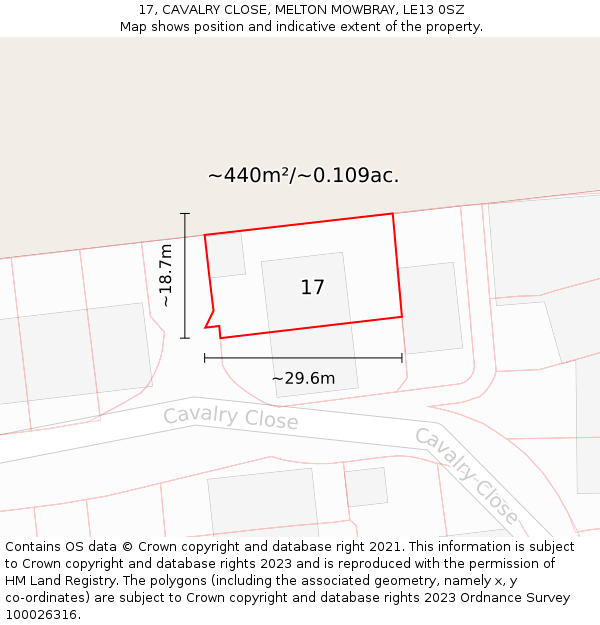 17, CAVALRY CLOSE, MELTON MOWBRAY, LE13 0SZ: Plot and title map