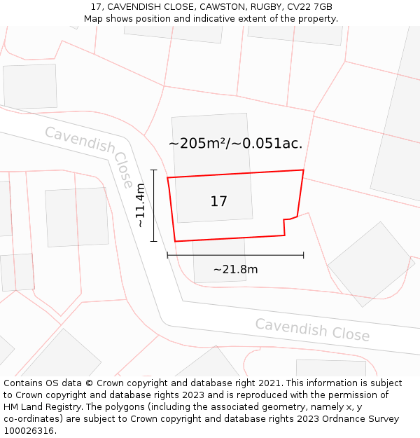 17, CAVENDISH CLOSE, CAWSTON, RUGBY, CV22 7GB: Plot and title map