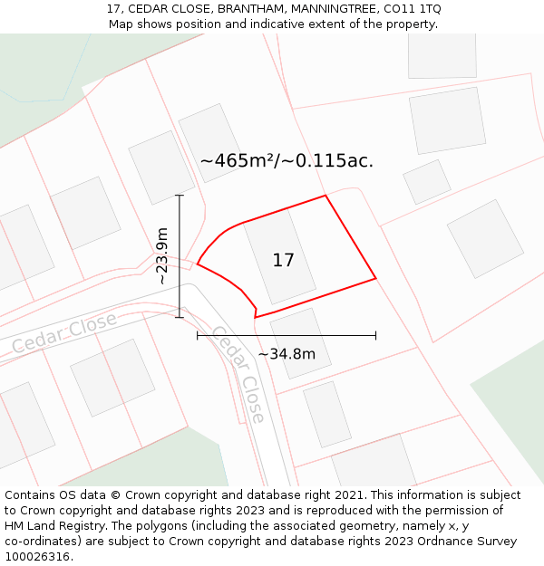 17, CEDAR CLOSE, BRANTHAM, MANNINGTREE, CO11 1TQ: Plot and title map