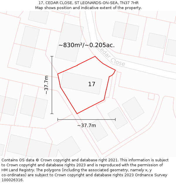 17, CEDAR CLOSE, ST LEONARDS-ON-SEA, TN37 7HR: Plot and title map