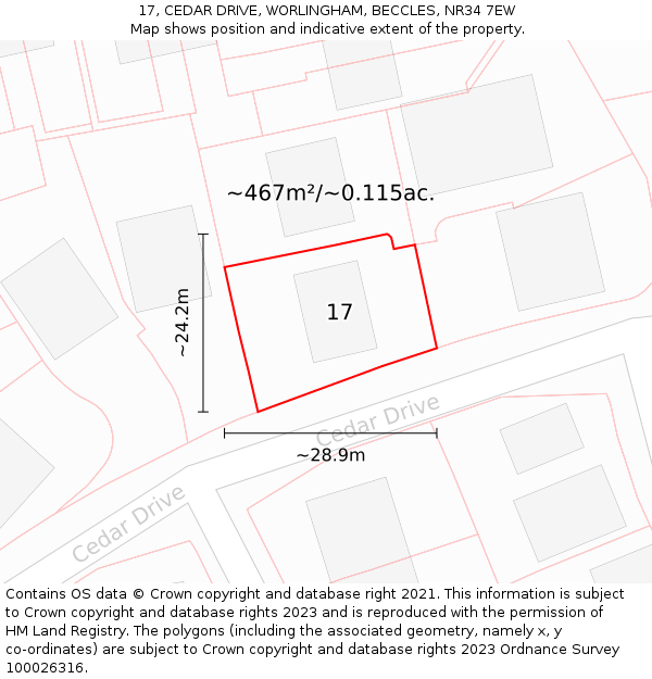 17, CEDAR DRIVE, WORLINGHAM, BECCLES, NR34 7EW: Plot and title map