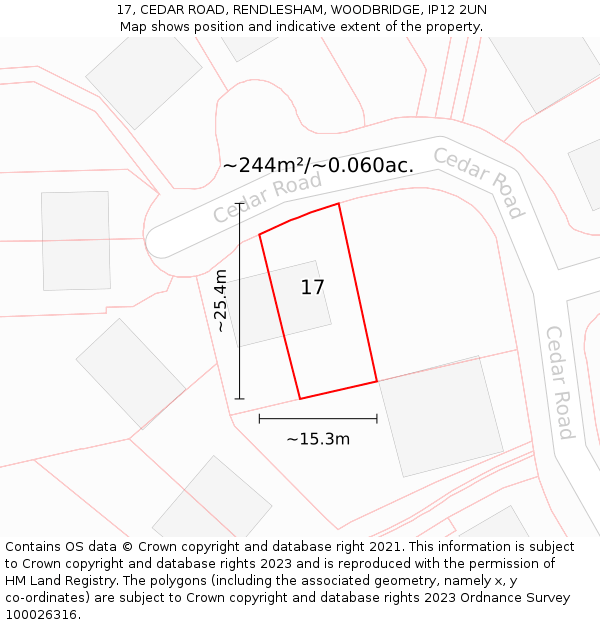 17, CEDAR ROAD, RENDLESHAM, WOODBRIDGE, IP12 2UN: Plot and title map
