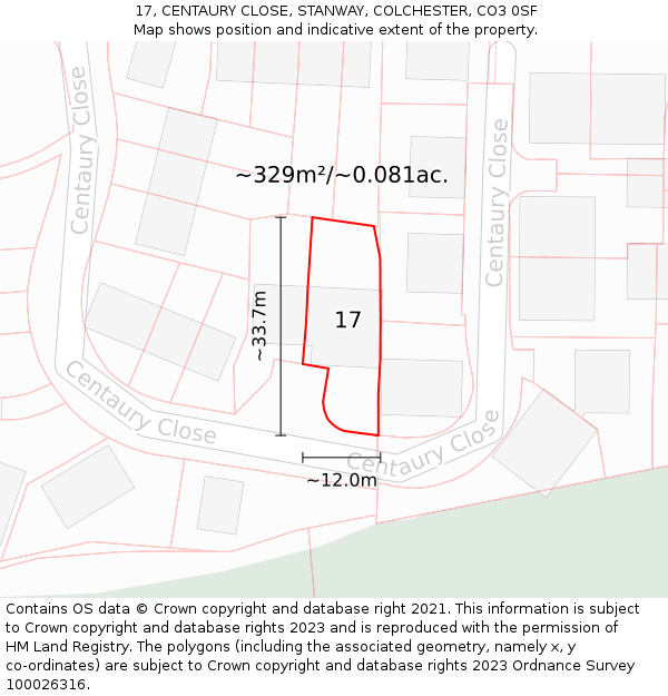 17, CENTAURY CLOSE, STANWAY, COLCHESTER, CO3 0SF: Plot and title map