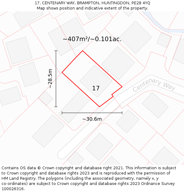 17, CENTENARY WAY, BRAMPTON, HUNTINGDON, PE28 4YQ: Plot and title map