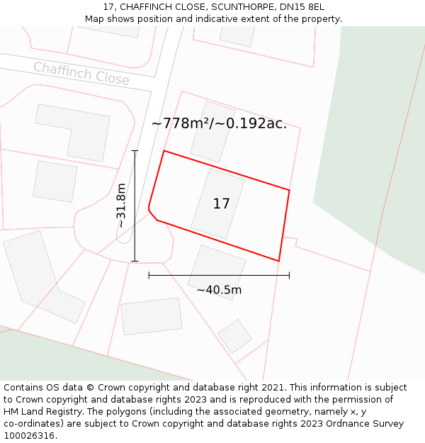 17, CHAFFINCH CLOSE, SCUNTHORPE, DN15 8EL: Plot and title map