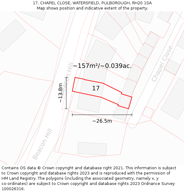 17, CHAPEL CLOSE, WATERSFIELD, PULBOROUGH, RH20 1SA: Plot and title map
