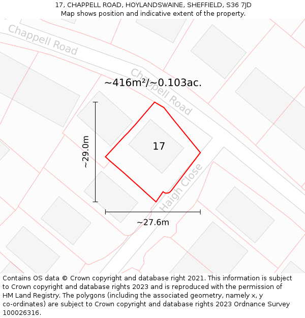 17, CHAPPELL ROAD, HOYLANDSWAINE, SHEFFIELD, S36 7JD: Plot and title map