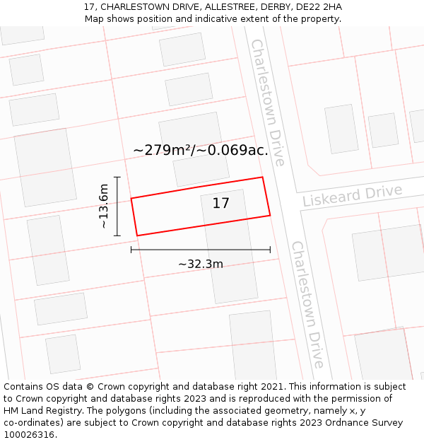17, CHARLESTOWN DRIVE, ALLESTREE, DERBY, DE22 2HA: Plot and title map