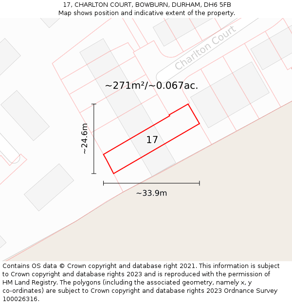 17, CHARLTON COURT, BOWBURN, DURHAM, DH6 5FB: Plot and title map