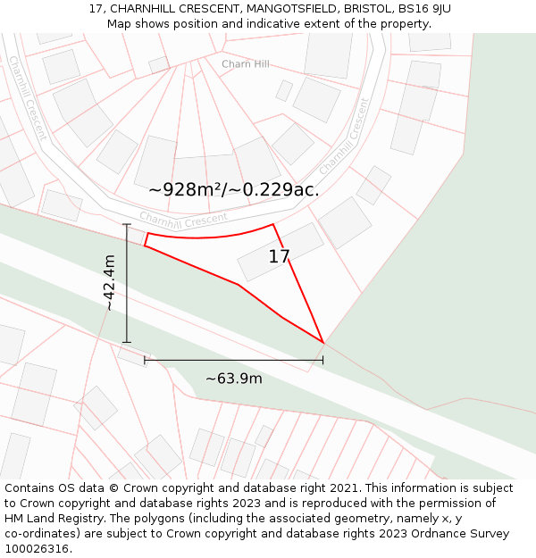 17, CHARNHILL CRESCENT, MANGOTSFIELD, BRISTOL, BS16 9JU: Plot and title map