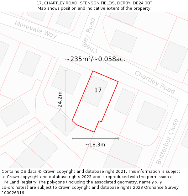17, CHARTLEY ROAD, STENSON FIELDS, DERBY, DE24 3BT: Plot and title map