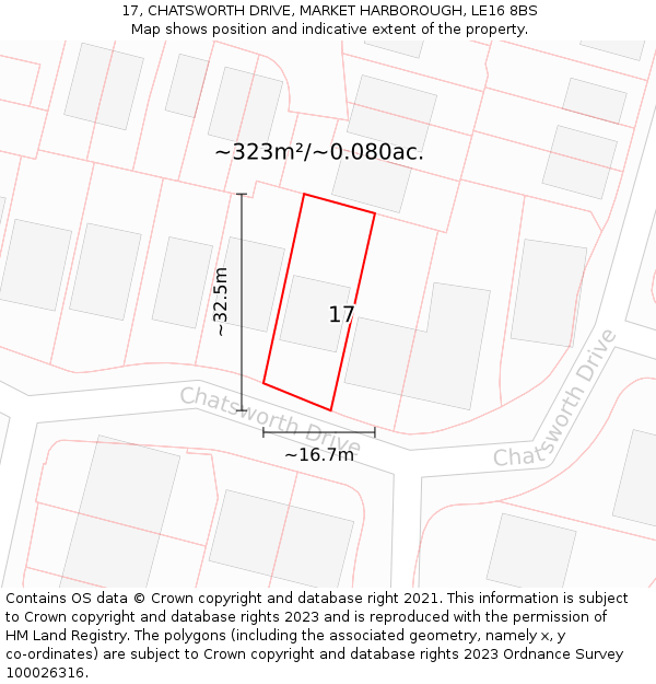 17, CHATSWORTH DRIVE, MARKET HARBOROUGH, LE16 8BS: Plot and title map