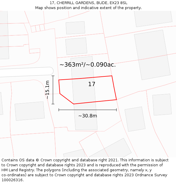 17, CHERRILL GARDENS, BUDE, EX23 8SL: Plot and title map