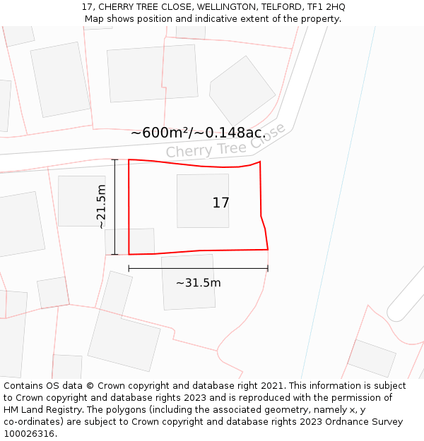 17, CHERRY TREE CLOSE, WELLINGTON, TELFORD, TF1 2HQ: Plot and title map