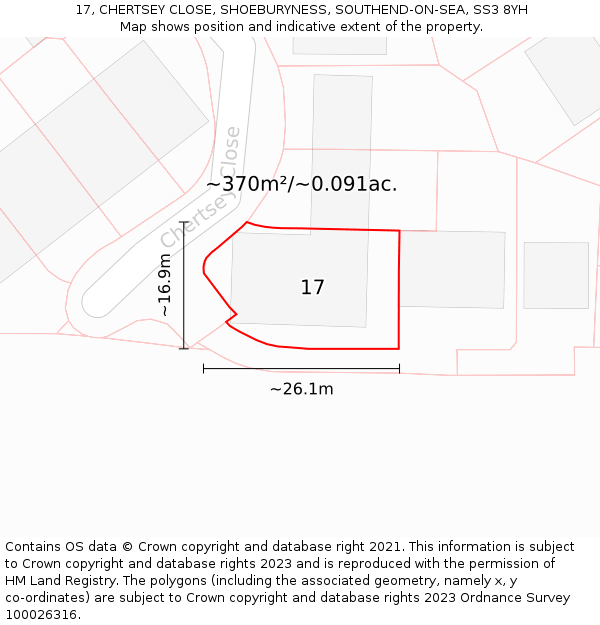 17, CHERTSEY CLOSE, SHOEBURYNESS, SOUTHEND-ON-SEA, SS3 8YH: Plot and title map
