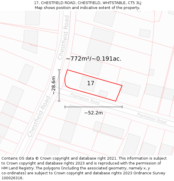 17, CHESTFIELD ROAD, CHESTFIELD, WHITSTABLE, CT5 3LJ: Plot and title map