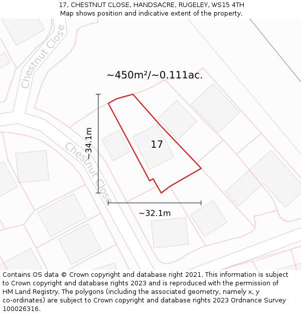 17, CHESTNUT CLOSE, HANDSACRE, RUGELEY, WS15 4TH: Plot and title map