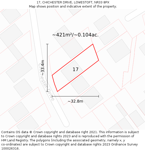 17, CHICHESTER DRIVE, LOWESTOFT, NR33 8PX: Plot and title map