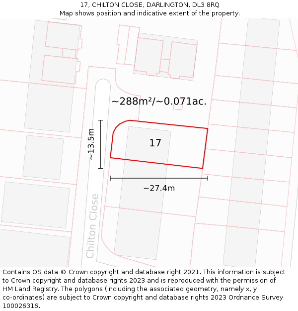 17, CHILTON CLOSE, DARLINGTON, DL3 8RQ: Plot and title map