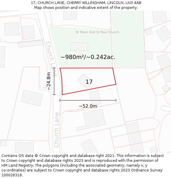 17, CHURCH LANE, CHERRY WILLINGHAM, LINCOLN, LN3 4AB: Plot and title map