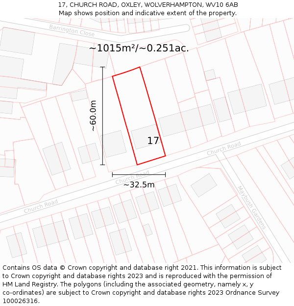 17, CHURCH ROAD, OXLEY, WOLVERHAMPTON, WV10 6AB: Plot and title map