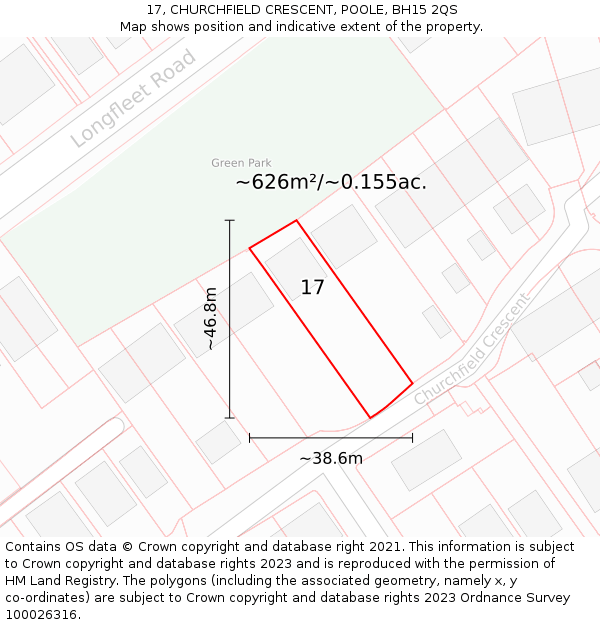 17, CHURCHFIELD CRESCENT, POOLE, BH15 2QS: Plot and title map